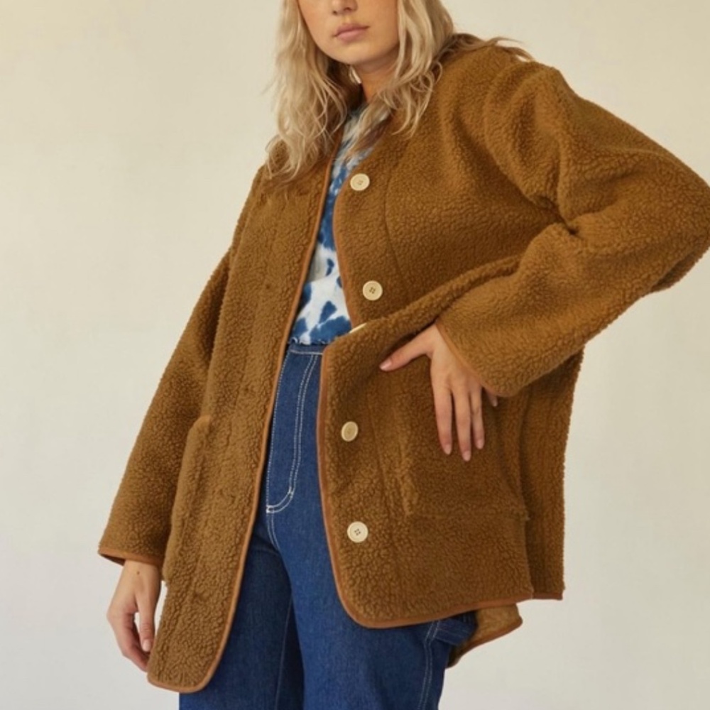 Lykke Wuulf Sherpa Ranch Jacket Driftwood Oversized Brown Button‎ Up Small - Picture 14 of 16